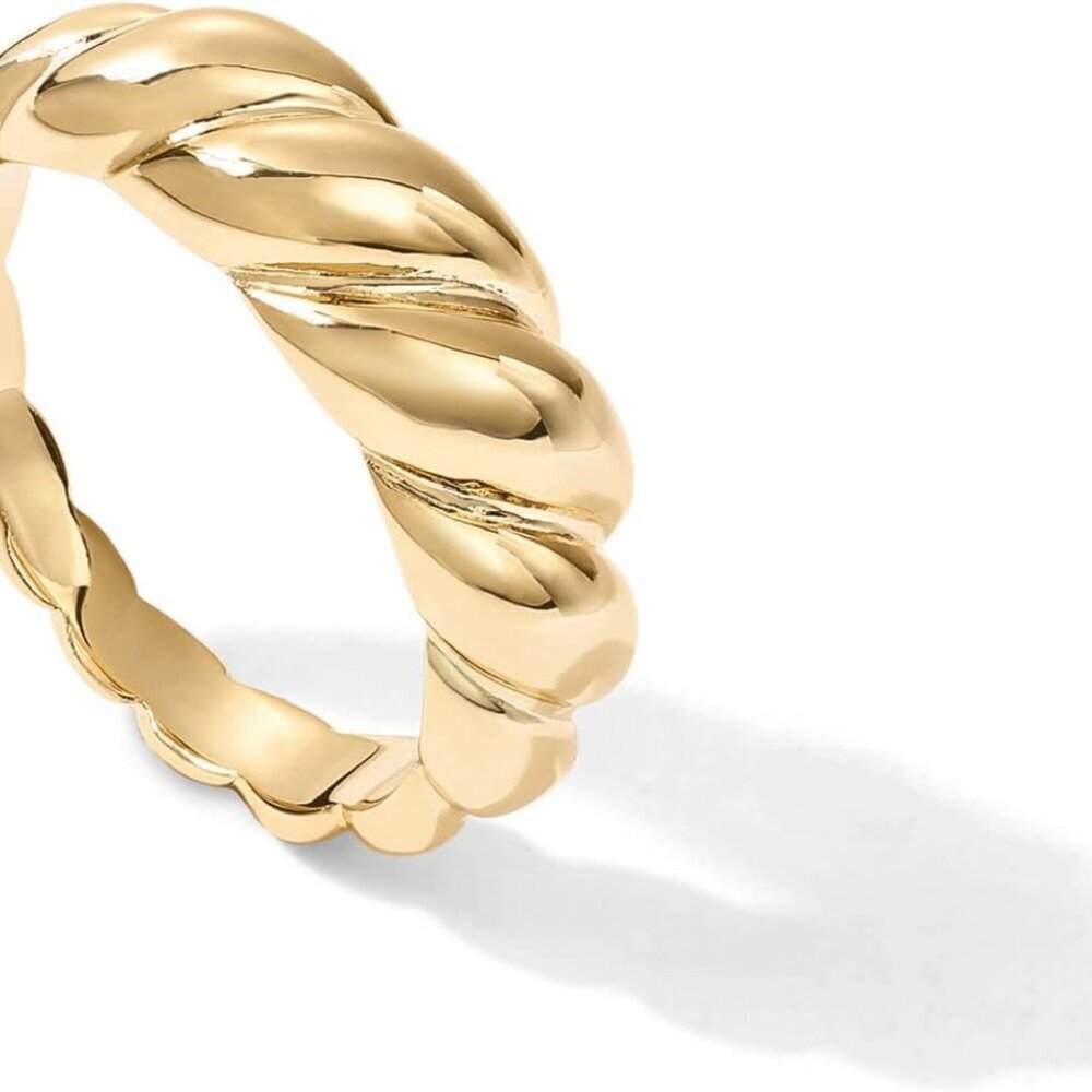 14K Gold Plated Croissant Dome Rings for Women - Trendy Twisted Braided Band - C